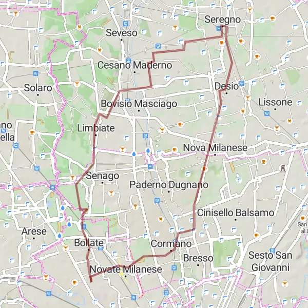 Miniatura della mappa di ispirazione al ciclismo "Giro in Gravel da Baranzate a Seregno" nella regione di Lombardia, Italy. Generata da Tarmacs.app, pianificatore di rotte ciclistiche