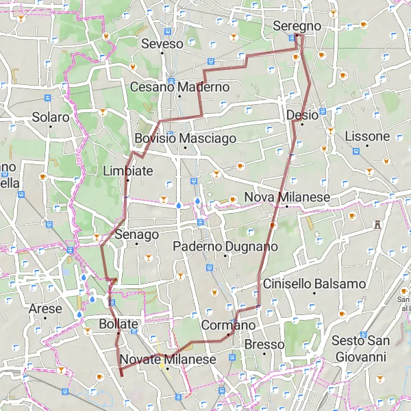 Karttaminiaatyyri "Luonnonkaunis 42 km sora-ajoreitti" pyöräilyinspiraatiosta alueella Lombardia, Italy. Luotu Tarmacs.app pyöräilyreittisuunnittelijalla