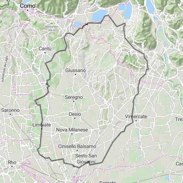 Mapa miniatúra "Náročný road okruh cez Carnate" cyklistická inšpirácia v Lombardia, Italy. Vygenerované cyklistickým plánovačom trás Tarmacs.app