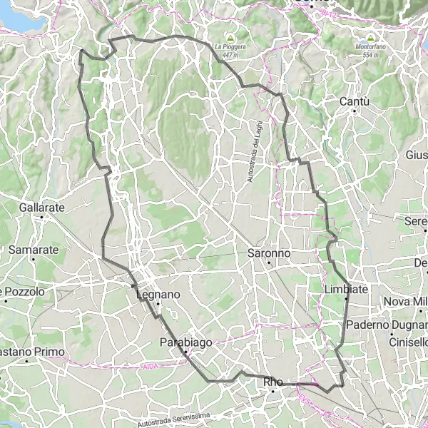 Miniaturekort af cykelinspirationen "Landevejscykelrute til Senago" i Lombardia, Italy. Genereret af Tarmacs.app cykelruteplanlægger