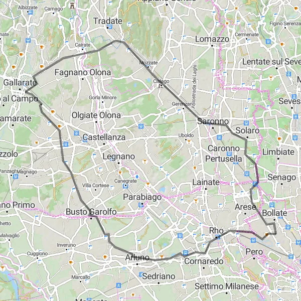 Map miniature of "Countryside Serenity: Cornaredo to Arese" cycling inspiration in Lombardia, Italy. Generated by Tarmacs.app cycling route planner