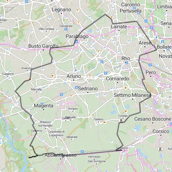 Miniatua del mapa de inspiración ciclista "Ruta de ciclismo de carretera a través de Vermezzo, Casterno y Parabiago" en Lombardia, Italy. Generado por Tarmacs.app planificador de rutas ciclistas