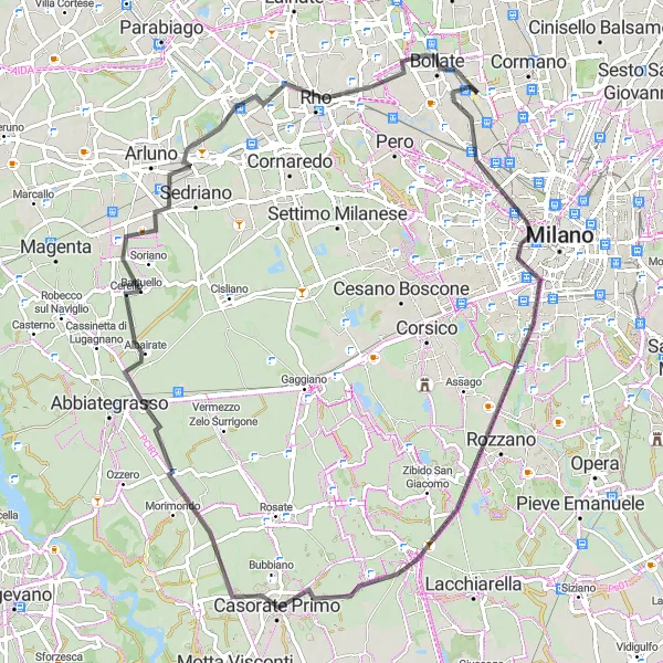 Miniatuurkaart van de fietsinspiratie "Toren en Kastelenroute" in Lombardia, Italy. Gemaakt door de Tarmacs.app fietsrouteplanner