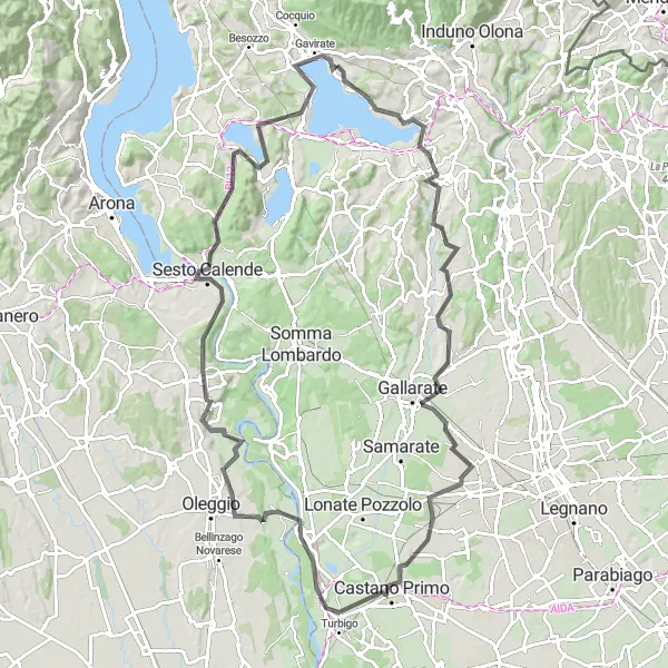Miniaturekort af cykelinspirationen "Søen Varese Loop" i Lombardia, Italy. Genereret af Tarmacs.app cykelruteplanlægger