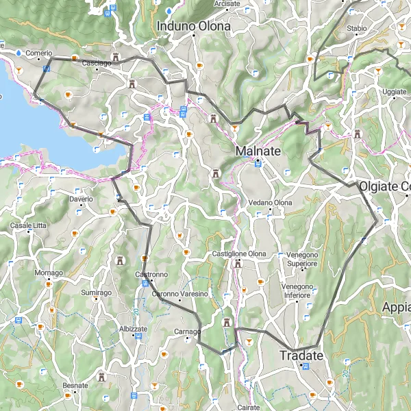 Kartminiatyr av "Barasso - Casciago - Belmonte - Monte Morone - Castelnuovo Bozzente - Tradate - Monte Roncaccio - Buguggiate - Lake Varese tur-retur sykling" sykkelinspirasjon i Lombardia, Italy. Generert av Tarmacs.app sykkelrutoplanlegger