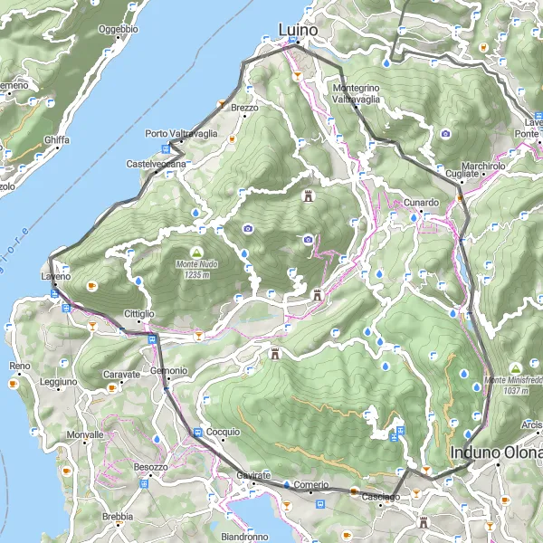 Miniatura della mappa di ispirazione al ciclismo "Poggio Sant'Elsa - Germignaga - Poncione di Ganna Cycling Route" nella regione di Lombardia, Italy. Generata da Tarmacs.app, pianificatore di rotte ciclistiche