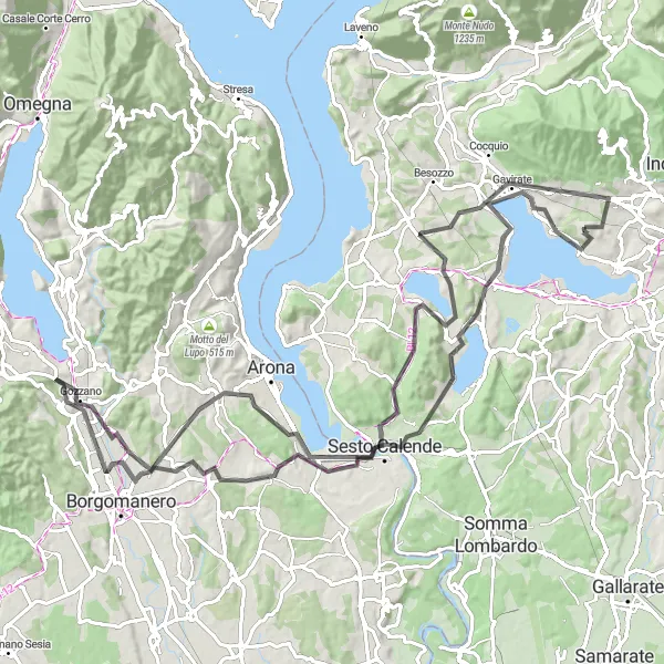 Miniatura della mappa di ispirazione al ciclismo "Lake Varese Discovery Ride from Sesto Calende to Gavirate" nella regione di Lombardia, Italy. Generata da Tarmacs.app, pianificatore di rotte ciclistiche