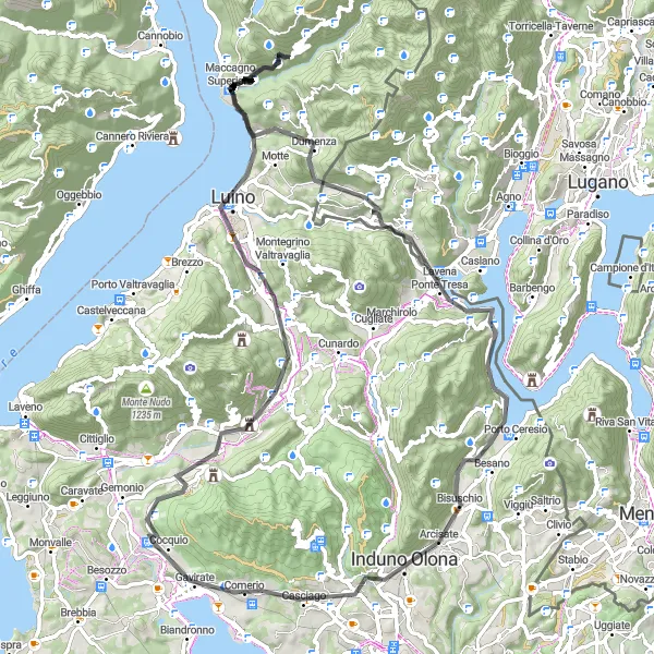 Zemljevid v pomanjšavi "Pustolovščina po gričih in dolinah ob jezeru Lugano" kolesarske inspiracije v Lombardia, Italy. Generirano z načrtovalcem kolesarskih poti Tarmacs.app