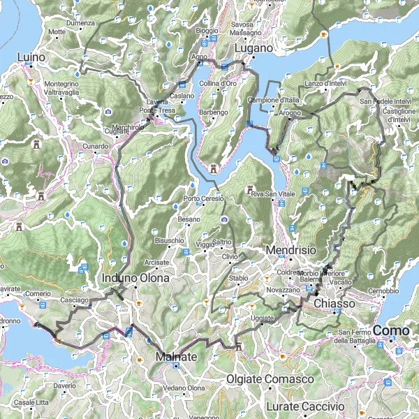 Miniaturní mapa "Okružní cyklistická trasa kolem jezera Varese" inspirace pro cyklisty v oblasti Lombardia, Italy. Vytvořeno pomocí plánovače tras Tarmacs.app