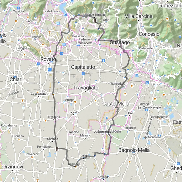 Miniatua del mapa de inspiración ciclista "Ruta escénica en bicicleta de carretera desde Barbariga" en Lombardia, Italy. Generado por Tarmacs.app planificador de rutas ciclistas