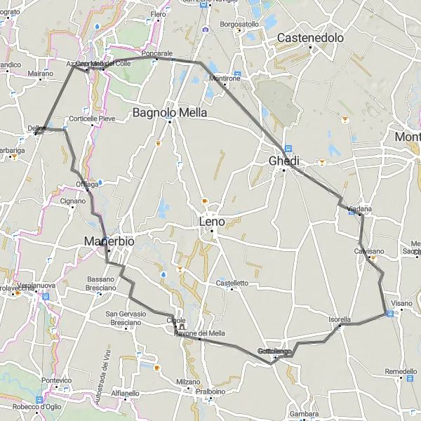 Kartminiatyr av "Barbariga-Ghedi-Pavone del Mella-Dello Tur" sykkelinspirasjon i Lombardia, Italy. Generert av Tarmacs.app sykkelrutoplanlegger