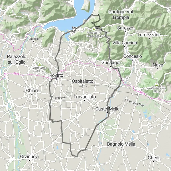 Kartminiatyr av "Barbariga-Valico la Croce-Roncadelle Tur" sykkelinspirasjon i Lombardia, Italy. Generert av Tarmacs.app sykkelrutoplanlegger