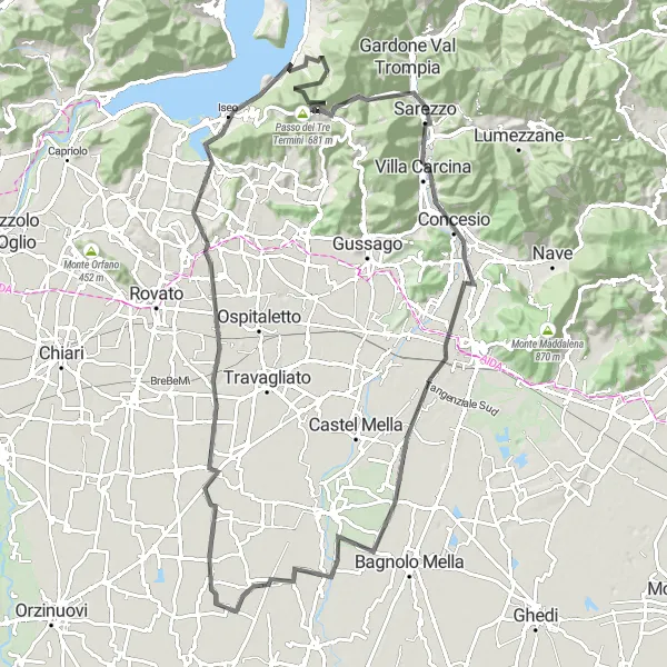 Map miniature of "Challenging Climb to Brescia" cycling inspiration in Lombardia, Italy. Generated by Tarmacs.app cycling route planner