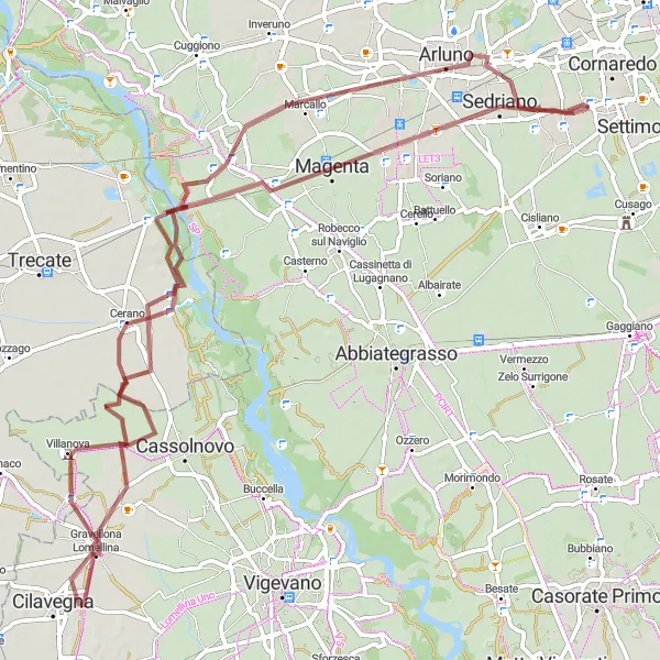Miniature de la carte de l'inspiration cycliste "Parcours gravel de 85 km vers Ponte Nuovo" dans la Lombardia, Italy. Générée par le planificateur d'itinéraire cycliste Tarmacs.app