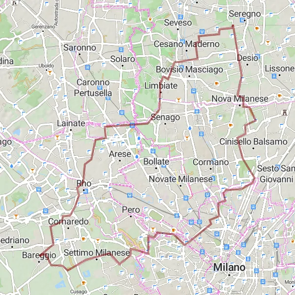 Kartminiatyr av "Grusvei rute fra Bareggio til Settimo Milanese" sykkelinspirasjon i Lombardia, Italy. Generert av Tarmacs.app sykkelrutoplanlegger