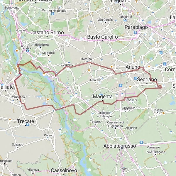 Zemljevid v pomanjšavi "Uživanje v naravi na kolesarski poti skozi Magento in Sedriano" kolesarske inspiracije v Lombardia, Italy. Generirano z načrtovalcem kolesarskih poti Tarmacs.app