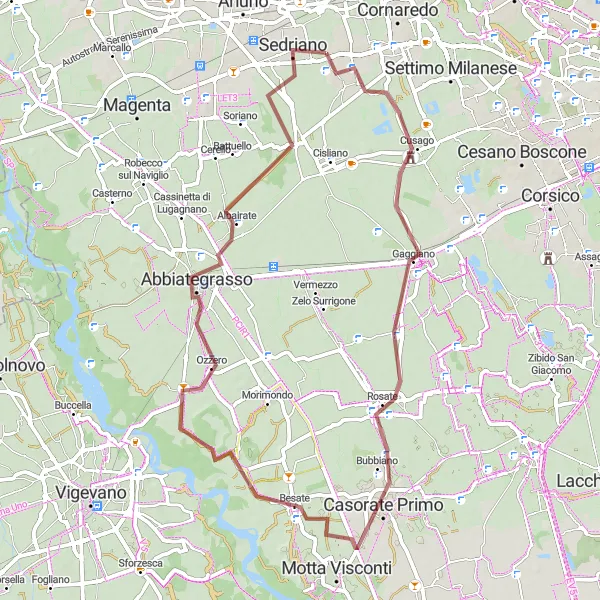 Kartminiatyr av "Grusvei fra Bareggio til Sedriano og tilbake" sykkelinspirasjon i Lombardia, Italy. Generert av Tarmacs.app sykkelrutoplanlegger