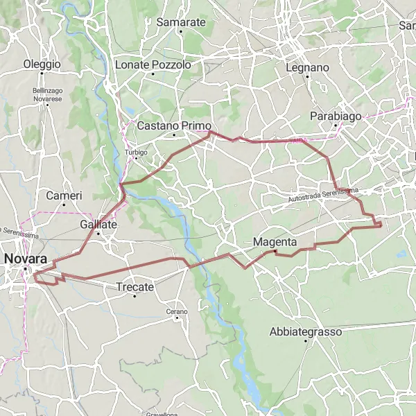 Kartminiatyr av "Grusvägar runt Bareggio" cykelinspiration i Lombardia, Italy. Genererad av Tarmacs.app cykelruttplanerare