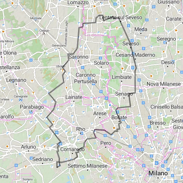 Miniatura della mappa di ispirazione al ciclismo "Giro in bicicletta da Bareggio lungo la strada" nella regione di Lombardia, Italy. Generata da Tarmacs.app, pianificatore di rotte ciclistiche