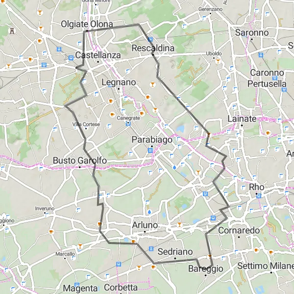 Zemljevid v pomanjšavi "Ekskluzivna cestna kolesarska pot v okolici Bareggia" kolesarske inspiracije v Lombardia, Italy. Generirano z načrtovalcem kolesarskih poti Tarmacs.app