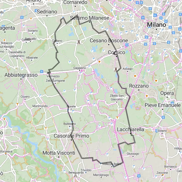 Miniatua del mapa de inspiración ciclista "Ruta en carretera de 74 km cerca de Bareggio" en Lombardia, Italy. Generado por Tarmacs.app planificador de rutas ciclistas