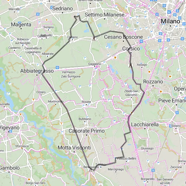 Zemljevid v pomanjšavi "Kolesarska pot do Barelle" kolesarske inspiracije v Lombardia, Italy. Generirano z načrtovalcem kolesarskih poti Tarmacs.app
