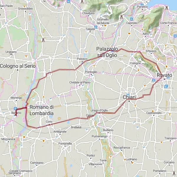 Zemljevid v pomanjšavi "Gravel kolesarska pot okoli Bariana" kolesarske inspiracije v Lombardia, Italy. Generirano z načrtovalcem kolesarskih poti Tarmacs.app