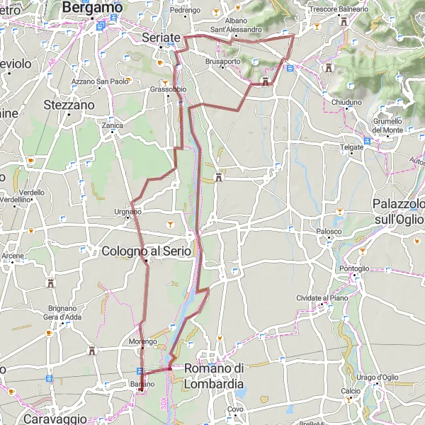 Map miniature of "Bergamo Gravel Adventure" cycling inspiration in Lombardia, Italy. Generated by Tarmacs.app cycling route planner