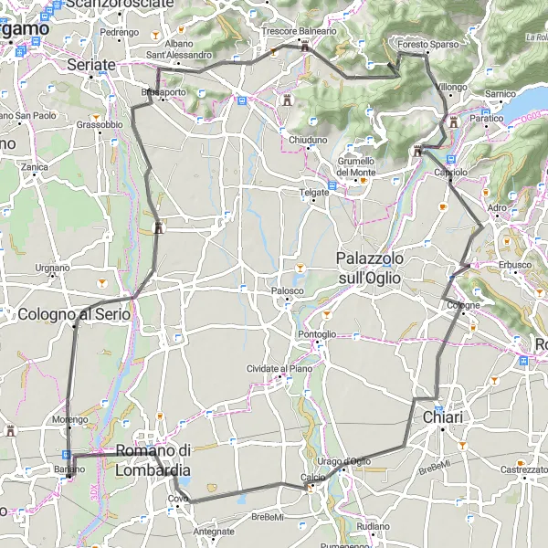 Miniatura della mappa di ispirazione al ciclismo "Giro panoramico tra Bariano e Chiari" nella regione di Lombardia, Italy. Generata da Tarmacs.app, pianificatore di rotte ciclistiche