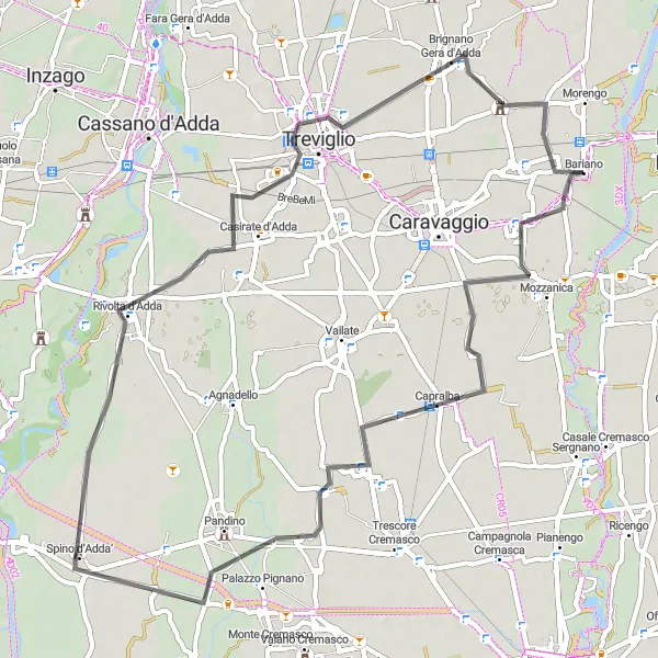 Mapa miniatúra "Cyklistická trasa okolo Bariana" cyklistická inšpirácia v Lombardia, Italy. Vygenerované cyklistickým plánovačom trás Tarmacs.app