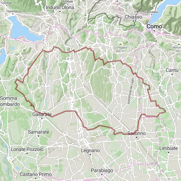 Karttaminiaatyyri "Haastava seikkailu Buguggiaten ympäristössä" pyöräilyinspiraatiosta alueella Lombardia, Italy. Luotu Tarmacs.app pyöräilyreittisuunnittelijalla