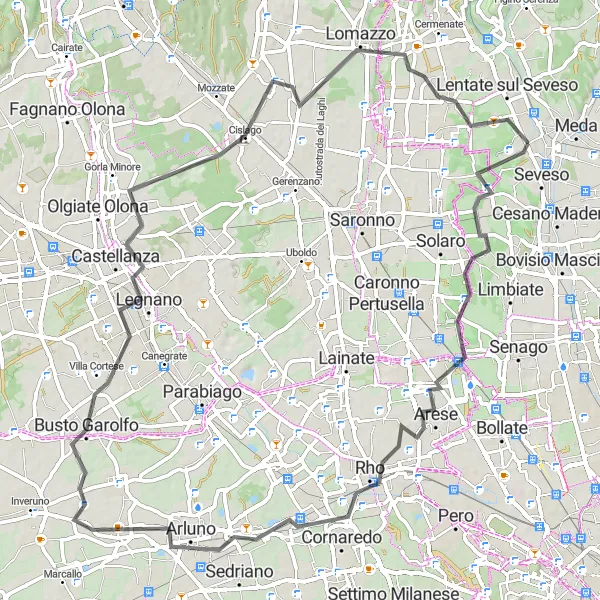 Miniaturní mapa "Okruh kolem Barlassina a Arese" inspirace pro cyklisty v oblasti Lombardia, Italy. Vytvořeno pomocí plánovače tras Tarmacs.app