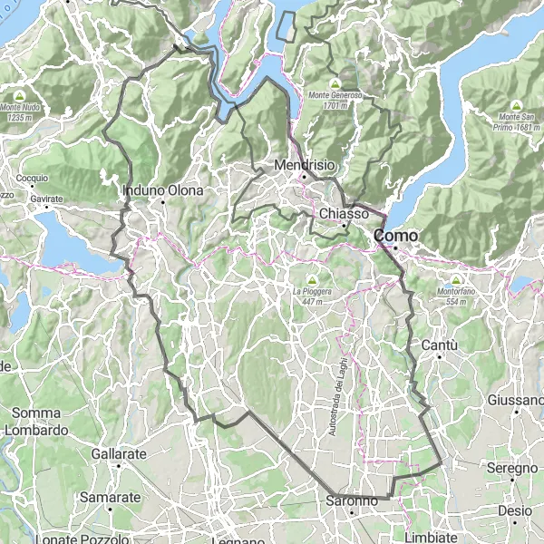 Karttaminiaatyyri "Järviä ja vuoria Lombardiassa" pyöräilyinspiraatiosta alueella Lombardia, Italy. Luotu Tarmacs.app pyöräilyreittisuunnittelijalla