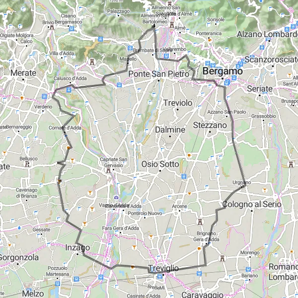 Miniatura della mappa di ispirazione al ciclismo "Giro in bicicletta da Barzana attraverso Bergamo e Gussa" nella regione di Lombardia, Italy. Generata da Tarmacs.app, pianificatore di rotte ciclistiche