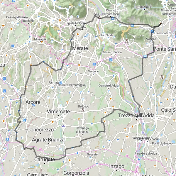 Miniatura della mappa di ispirazione al ciclismo "Tour in bicicletta tra Caponago e Bergamo" nella regione di Lombardia, Italy. Generata da Tarmacs.app, pianificatore di rotte ciclistiche