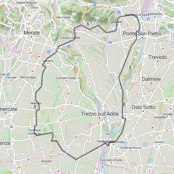 Miniatua del mapa de inspiración ciclista "Ruta de Ciclismo de Carretera por Ponte San Pietro y Monte Robbio" en Lombardia, Italy. Generado por Tarmacs.app planificador de rutas ciclistas