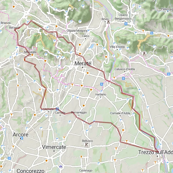 Miniatuurkaart van de fietsinspiratie "Gravelavontuur van 59 km door Merate en Trezzo sull'Adda" in Lombardia, Italy. Gemaakt door de Tarmacs.app fietsrouteplanner