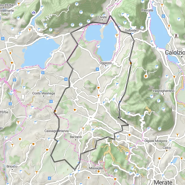 Mapa miniatúra "Cyklistická trasa okolo Barzanò" cyklistická inšpirácia v Lombardia, Italy. Vygenerované cyklistickým plánovačom trás Tarmacs.app