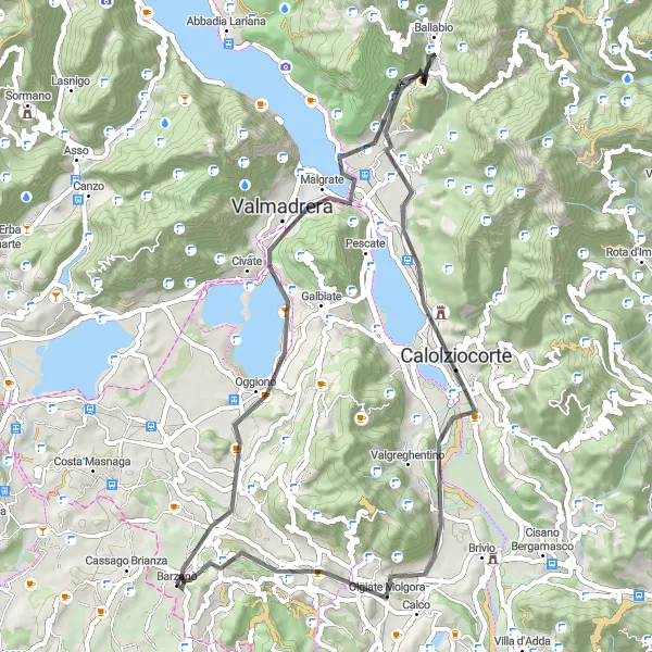 Map miniature of "Road Cycling Route to Lago di Annone and Sirtori" cycling inspiration in Lombardia, Italy. Generated by Tarmacs.app cycling route planner