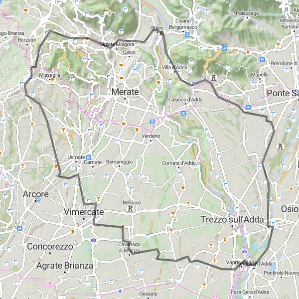 Map miniature of "Road Cycling Route to Brivio and Vimercate" cycling inspiration in Lombardia, Italy. Generated by Tarmacs.app cycling route planner