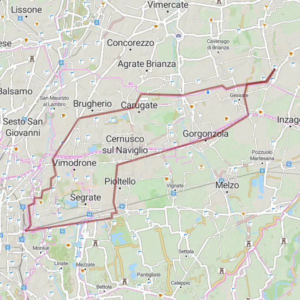 Miniature de la carte de l'inspiration cycliste "Gorgonzola to Caponago Gravel Adventure" dans la Lombardia, Italy. Générée par le planificateur d'itinéraire cycliste Tarmacs.app