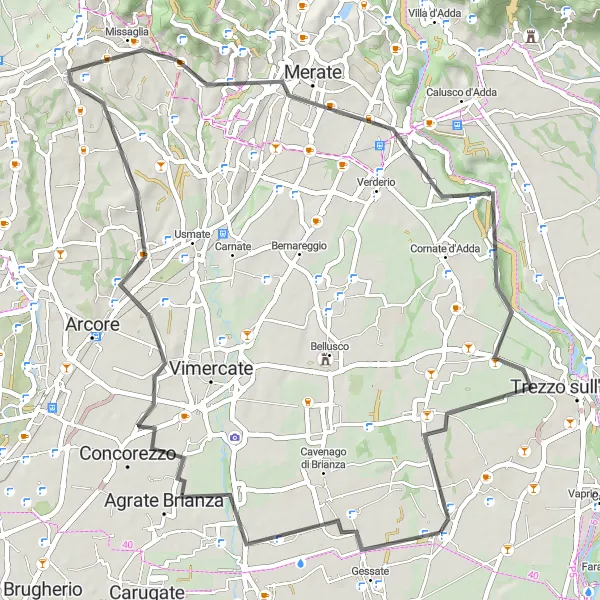 Mapa miniatúra "Cestná cyklotrasa od Agrate Brianza do Roncello" cyklistická inšpirácia v Lombardia, Italy. Vygenerované cyklistickým plánovačom trás Tarmacs.app