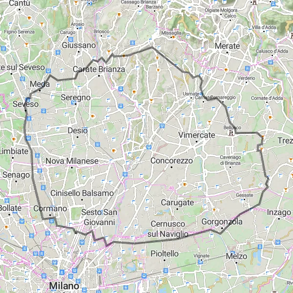 Map miniature of "Northern Milan Escape" cycling inspiration in Lombardia, Italy. Generated by Tarmacs.app cycling route planner