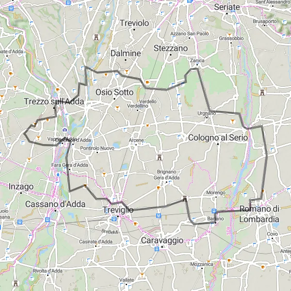 Kartminiatyr av "Rundtur från Basiano till Comun Nuovo, Martinengo, Pagazzano och Pozzo d'Adda" cykelinspiration i Lombardia, Italy. Genererad av Tarmacs.app cykelruttplanerare