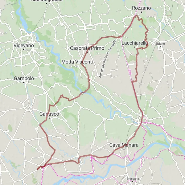 Miniature de la carte de l'inspiration cycliste "Circuit de Gravel du Château de Bereguardo" dans la Lombardia, Italy. Générée par le planificateur d'itinéraire cycliste Tarmacs.app