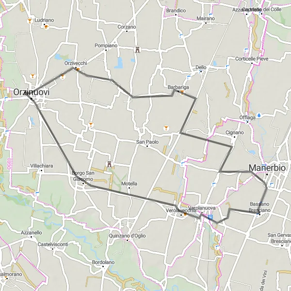 Miniaturní mapa "Okružní cyklistická trasa kolem Bassano Bresciano" inspirace pro cyklisty v oblasti Lombardia, Italy. Vytvořeno pomocí plánovače tras Tarmacs.app