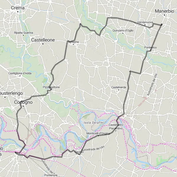 Miniatura della mappa di ispirazione al ciclismo "Giro in bicicletta da Bassano Bresciano a Pontevico" nella regione di Lombardia, Italy. Generata da Tarmacs.app, pianificatore di rotte ciclistiche