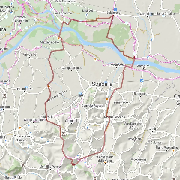 Miniature de la carte de l'inspiration cycliste "Exploration des collines près de Belgioioso en gravel" dans la Lombardia, Italy. Générée par le planificateur d'itinéraire cycliste Tarmacs.app