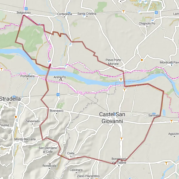 Map miniature of "Costa de' Nobili and Borgonovo Val Tidone Gravel Route" cycling inspiration in Lombardia, Italy. Generated by Tarmacs.app cycling route planner