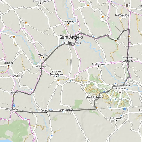 Map miniature of "Belgioioso and Miradolo Terme Road Route" cycling inspiration in Lombardia, Italy. Generated by Tarmacs.app cycling route planner